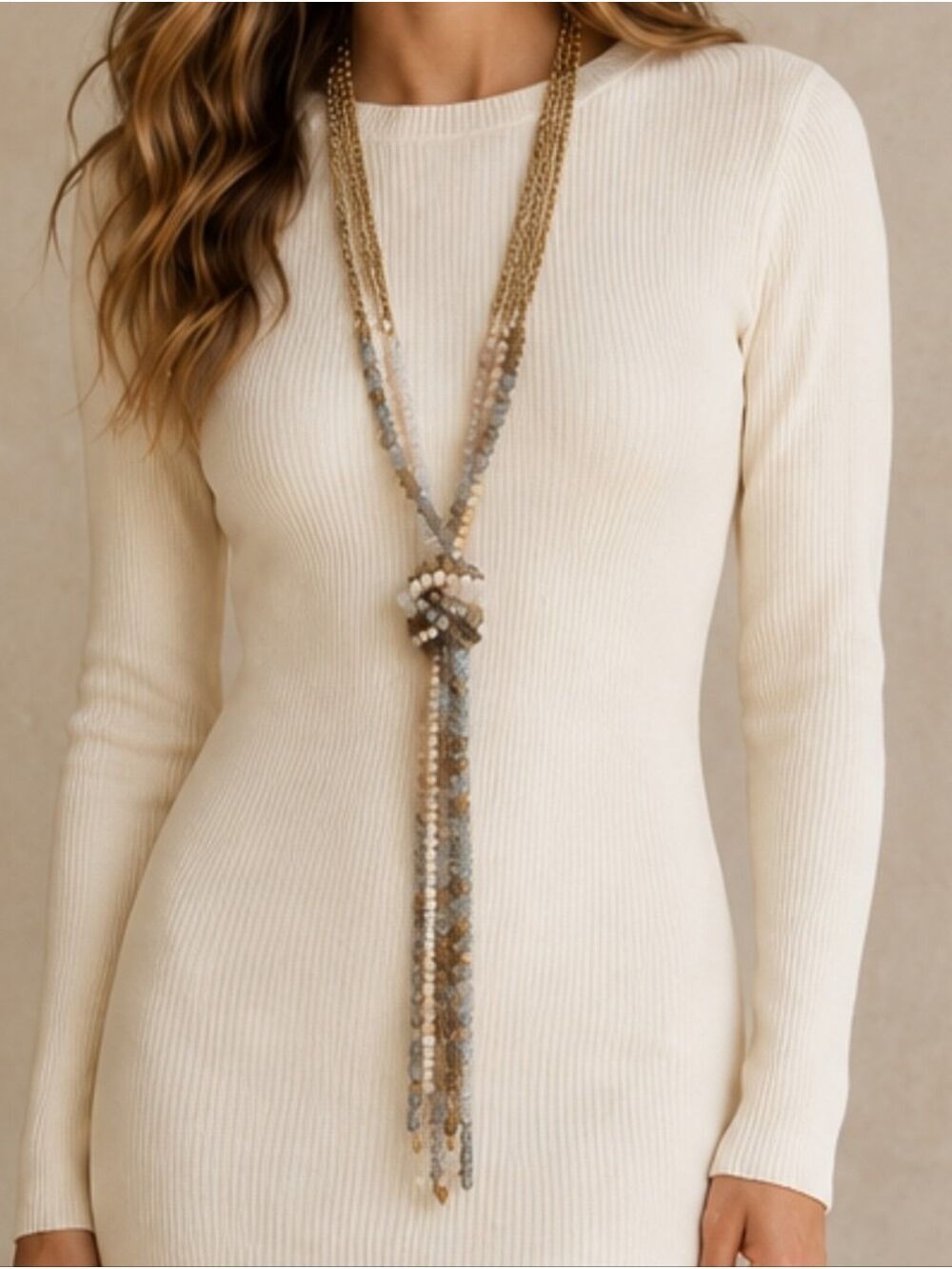 THE LIMITED GLASS RONDELLE BEADED LARIAT STATEMENT NECKLACE HANGS 26" AB FINISH